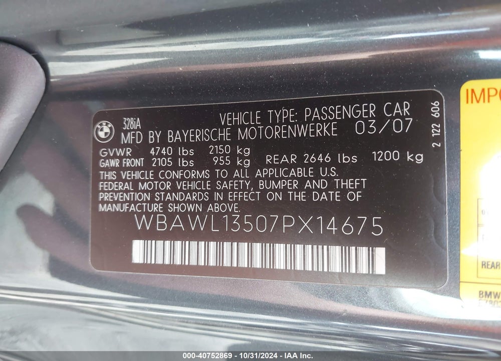 2007 BMW 328I VIN: WBAWL13507PX14675