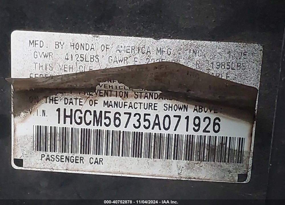 2005 HONDA ACCORD 2.4 EX VIN: 1HGCM56735A071926