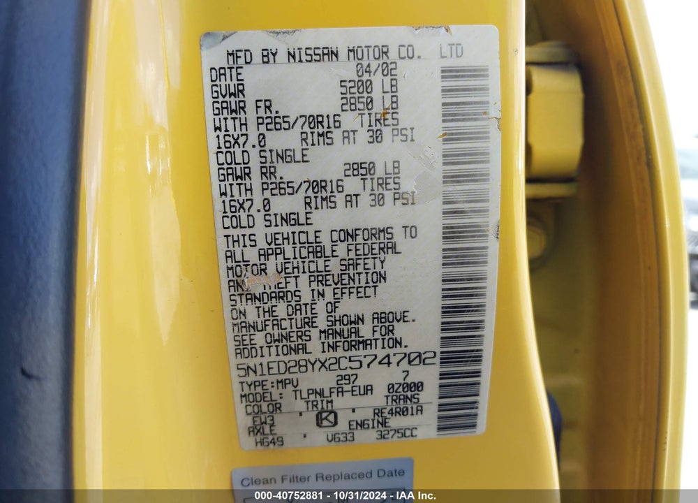 2002 NISSAN XTERRA SE VIN: 5N1ED28YX2C574702