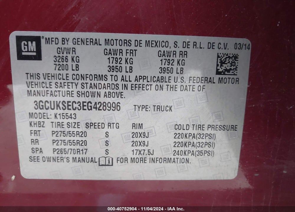 2014 CHEVROLET SILVERADO 1500 1LZ VIN: 3GCUKSEC3EG428996