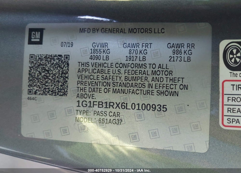 2020 CHEVROLET CAMARO RWD 1LS VIN: 1G1FB1RX6L0100935