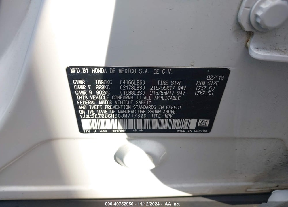 2018 HONDA HR-V VIN: 3CZRU6H30JM717326