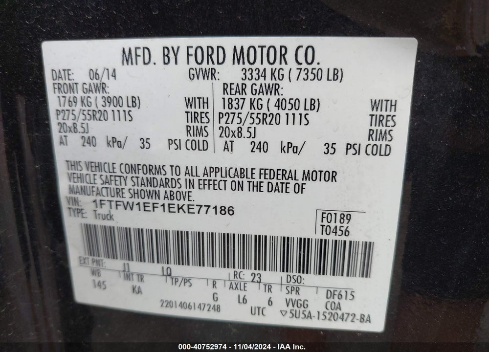 2014 FORD F-150 KING RANCH VIN: 1FTFW1EF1EKE77186