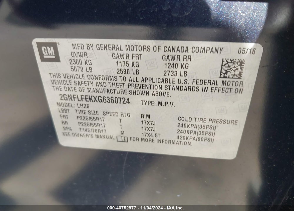 2016 CHEVROLET EQUINOX LT VIN: 2GNFLFEKXG6360724