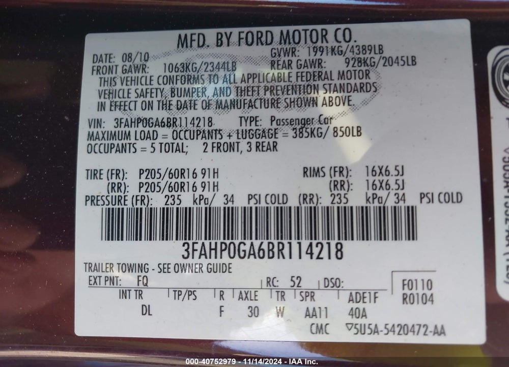 2011 FORD FUSION S VIN: 3FAHP0GA6BR114218