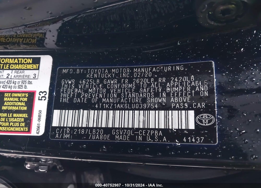 2020 TOYOTA CAMRY XSE V6 VIN: 4T1KZ1AK6LU039754