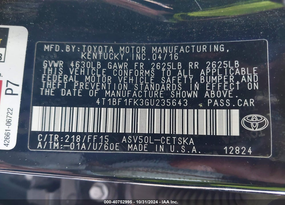 2016 TOYOTA CAMRY SE VIN: 4T1BF1FK3GU235643