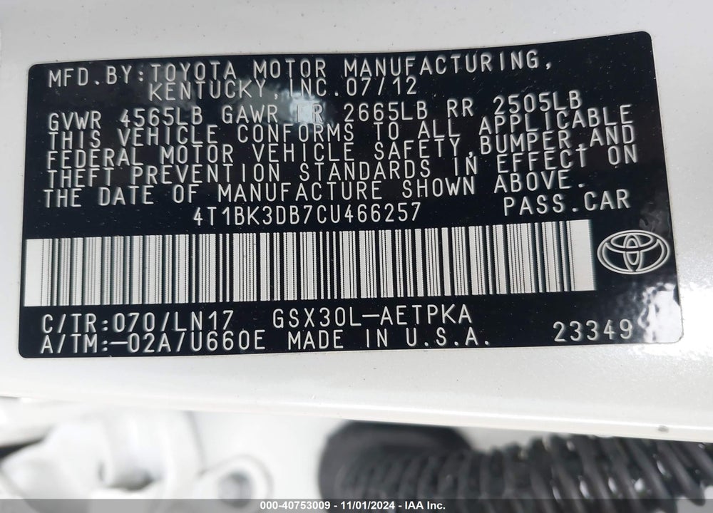 2012 TOYOTA AVALON LIMITED VIN: 4T1BK3DB7CU466257