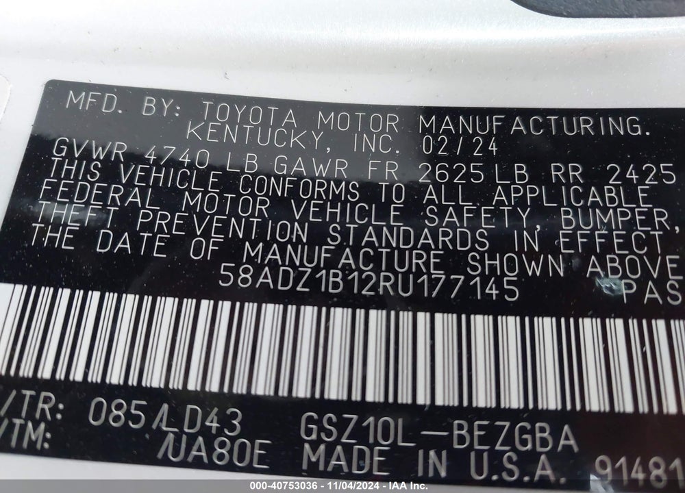 2024 LEXUS ES 350 VIN: 58ADZ1B12RU177145