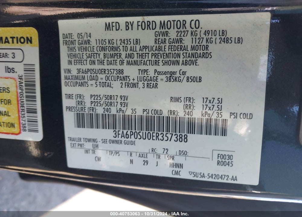 2014 FORD FUSION ENERGI TITANIUM VIN: 3FA6P0SU0ER357388