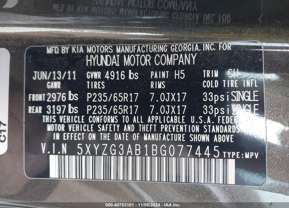 2011 HYUNDAI SANTA FE GLS VIN: 5XYZG3AB1BG077445