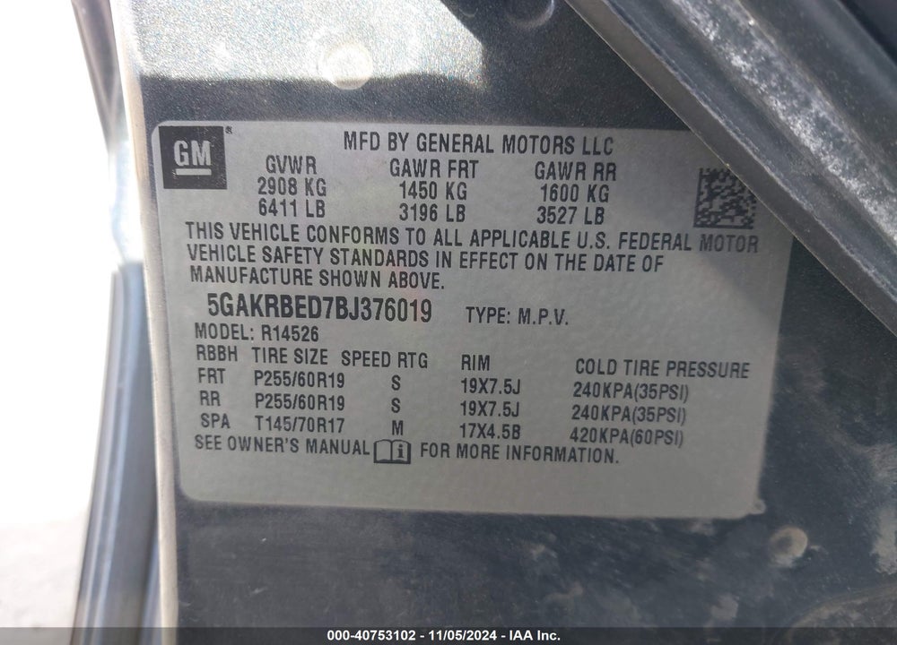 2011 BUICK ENCLAVE 1XL VIN: 5GAKRBED7BJ376019