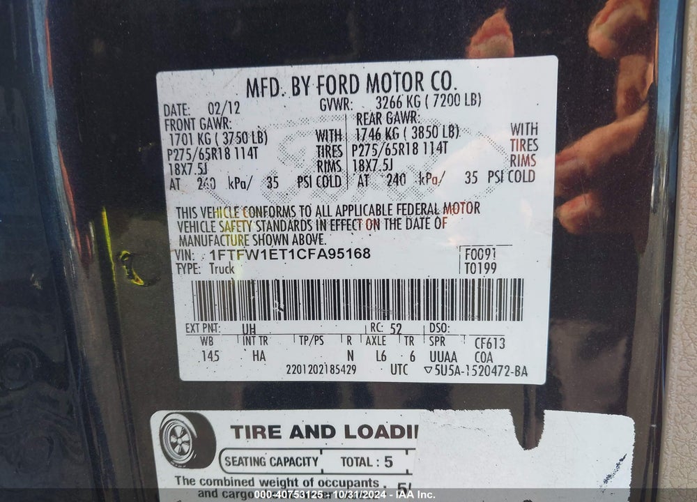 2012 FORD F-150 LARIAT VIN: 1FTFW1ET1CFA95168