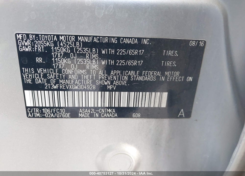2016 TOYOTA RAV4 XLE VIN: 2T3WFREVXGW304928