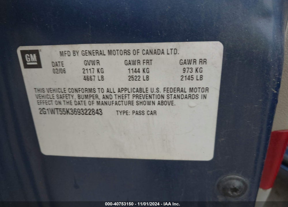 2006 CHEVROLET IMPALA LT VIN: 2G1WT55K369322843
