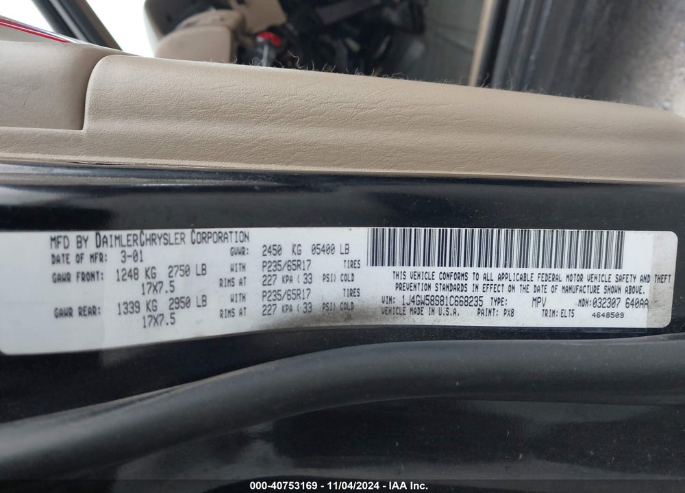 2001 JEEP GRAND CHEROKEE LIMITED VIN: 1J4GW58S81C668235