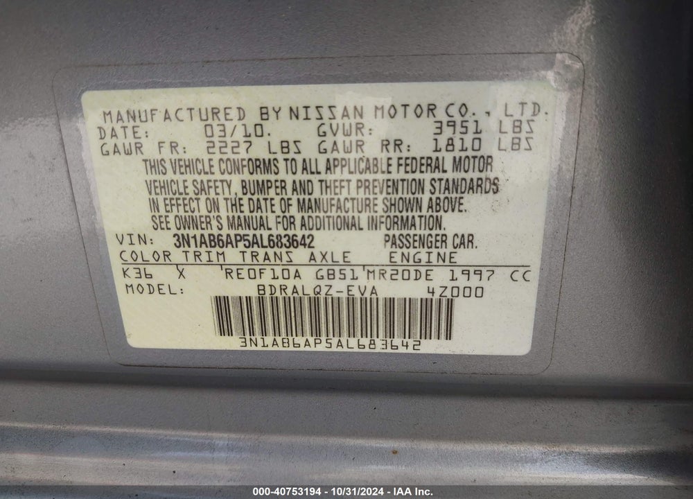 2010 NISSAN SENTRA 2.0 VIN: 3N1AB6AP5AL683642
