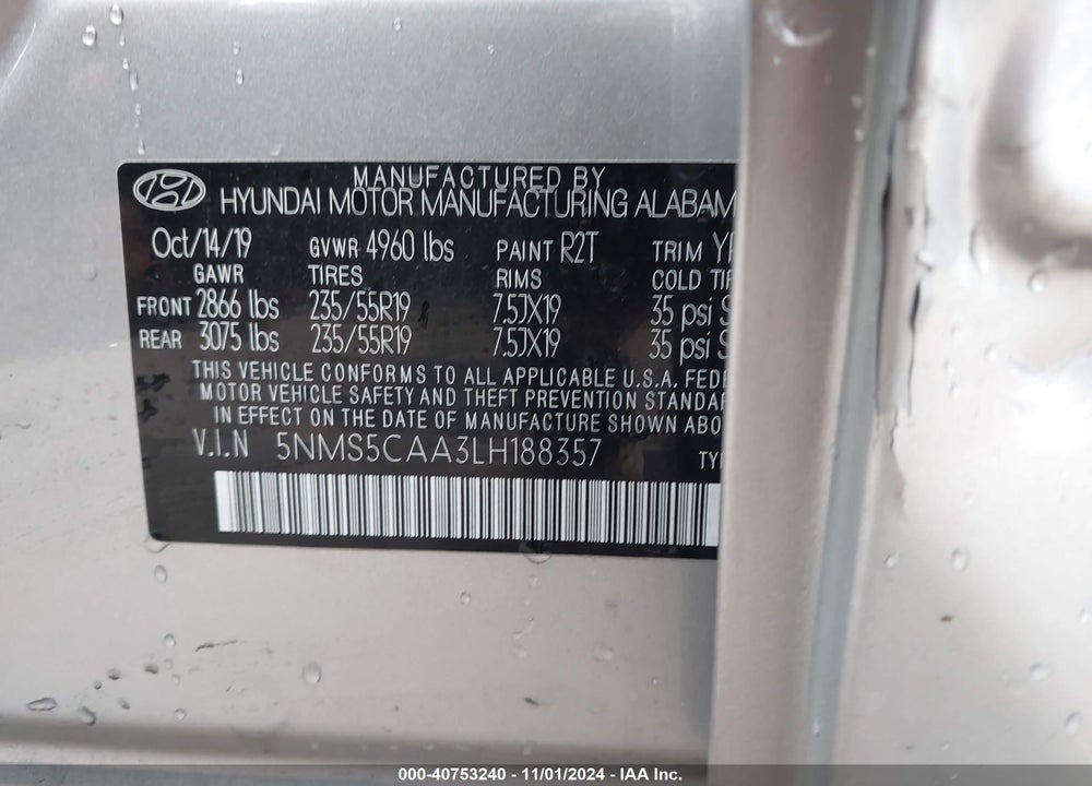 2020 HYUNDAI SANTA FE LIMITED 2.0T VIN: 5NMS5CAA3LH188357