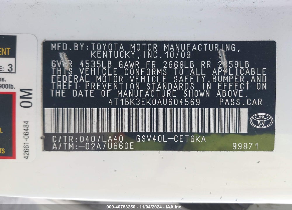 2010 TOYOTA CAMRY XLE V6 VIN: 4T1BK3EK0AU604569