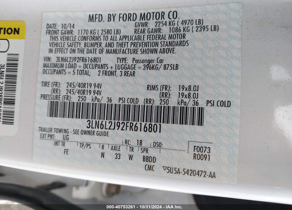 2015 LINCOLN MKZ VIN: 3LN6L2J92FR616801