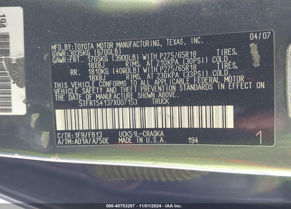 2007 TOYOTA TUNDRA SR5 4.7L V8 VIN: 5TFRT54137X007153