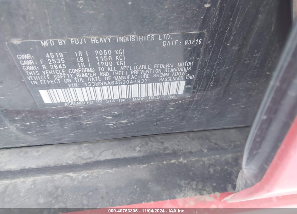 2016 SUBARU LEGACY VIN: 4S3BNAA64G3047933