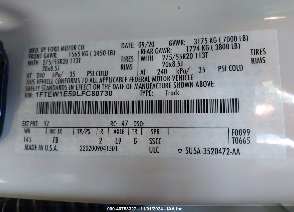 2020 FORD F-150 XLT VIN: 1FTEW1E59LFC80730