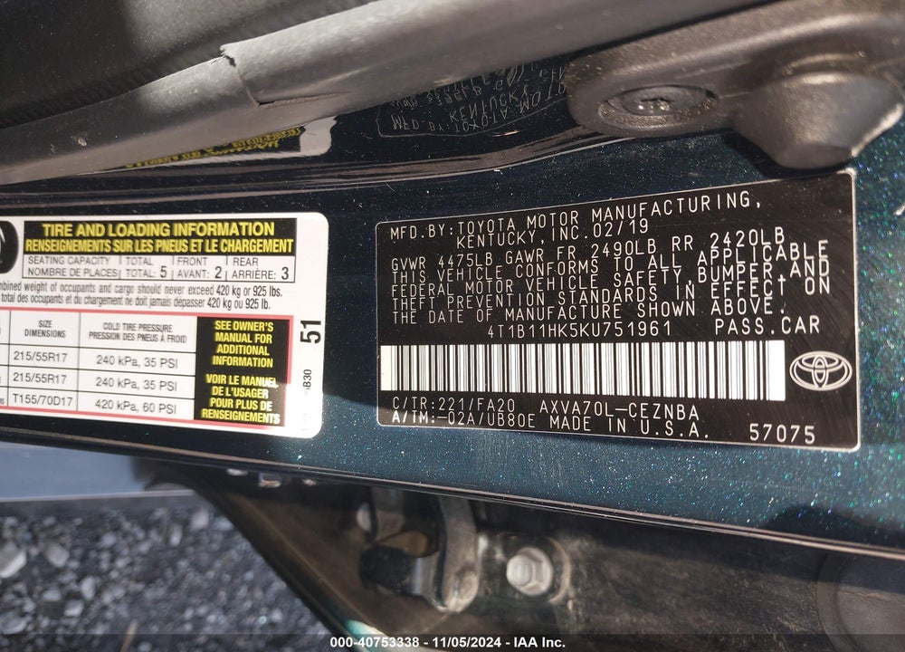 2019 TOYOTA CAMRY LE VIN: 4T1B11HK5KU751961