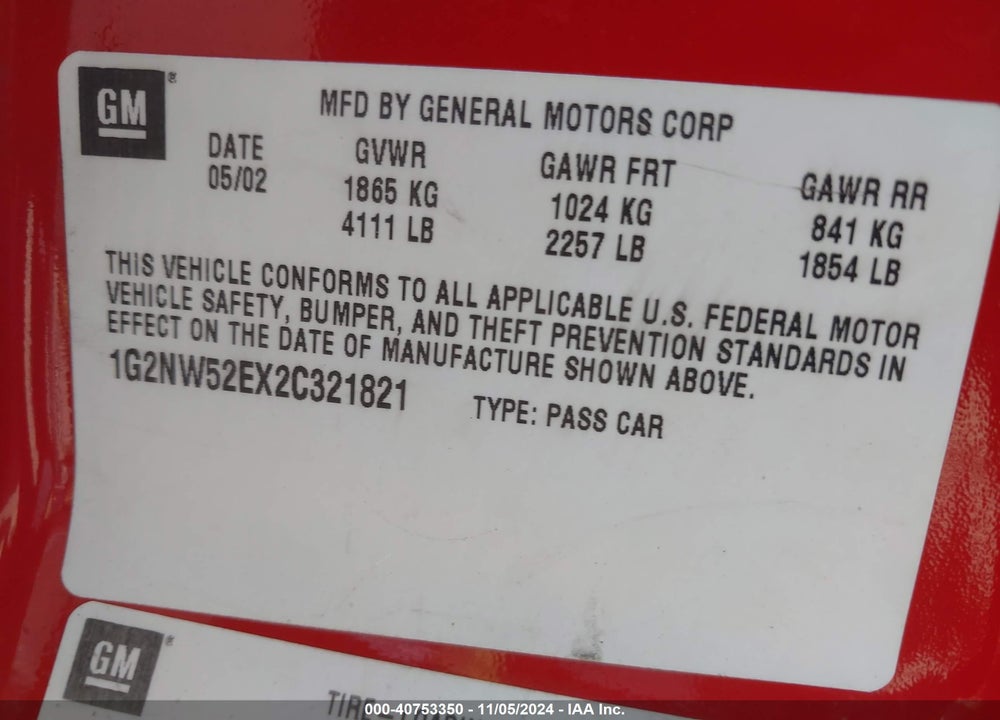 2002 PONTIAC GRAND AM GT VIN: 1G2NW52EX2C321821