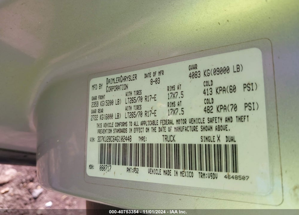 2004 DODGE RAM 2500 SLT/LARAMIE VIN: 3D7KU28C64G102448