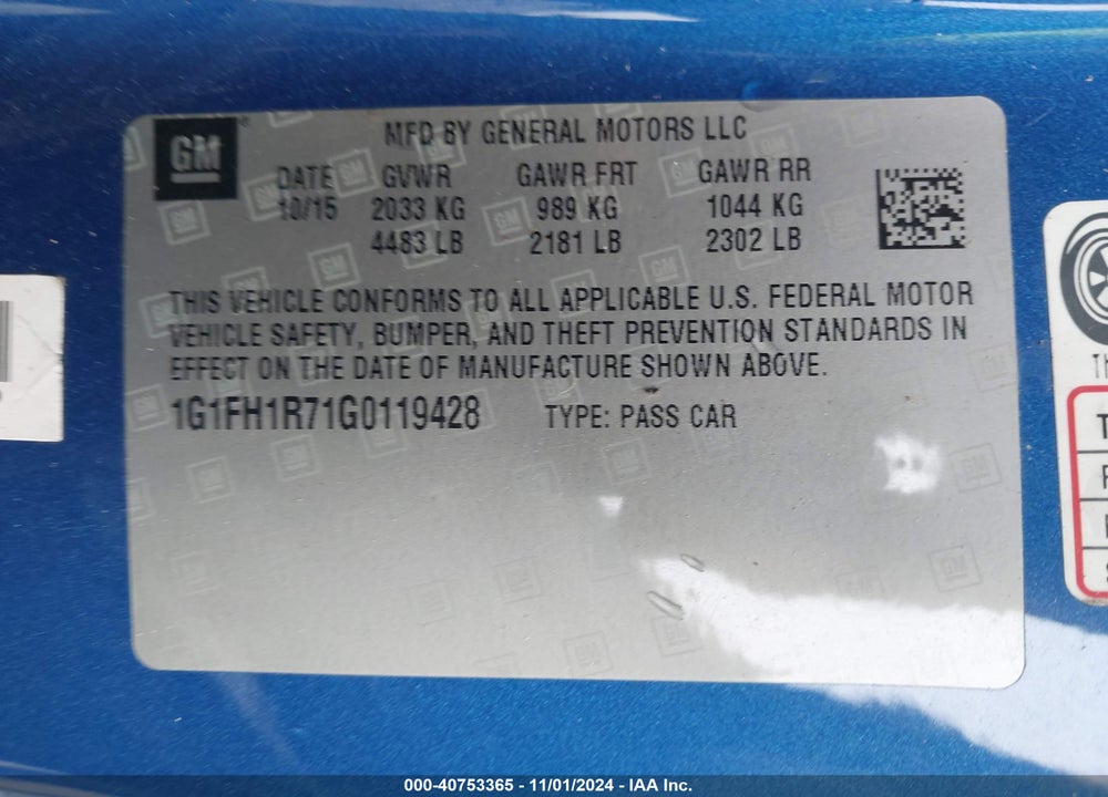 2016 CHEVROLET CAMARO VIN: 1G1FH1R71G0119428