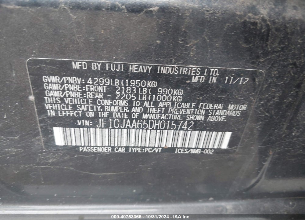 2013 SUBARU IMPREZA 2.0I VIN: JF1GJAA65DH015742