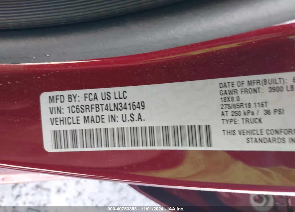 2020 RAM 1500 BIG HORN 4X4 6'4 BOX VIN: 1C6SRFBT4LN341649