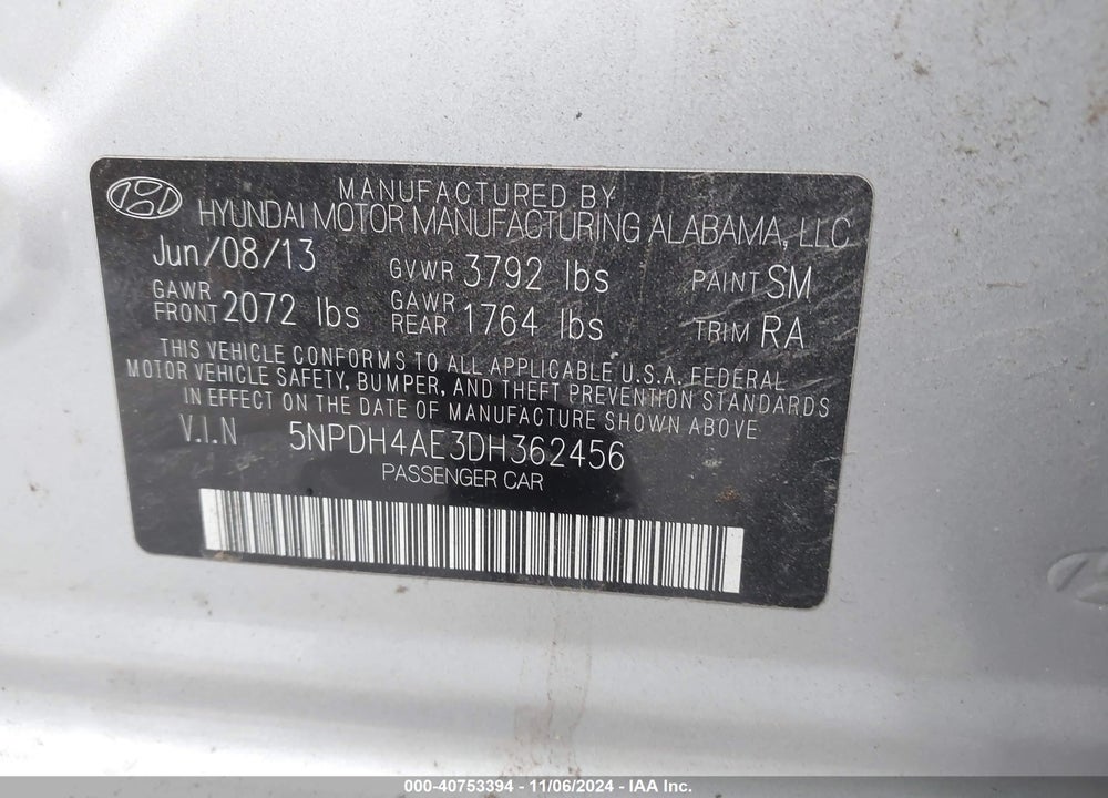 2013 HYUNDAI ELANTRA LIMITED VIN: 5NPDH4AE3DH362456