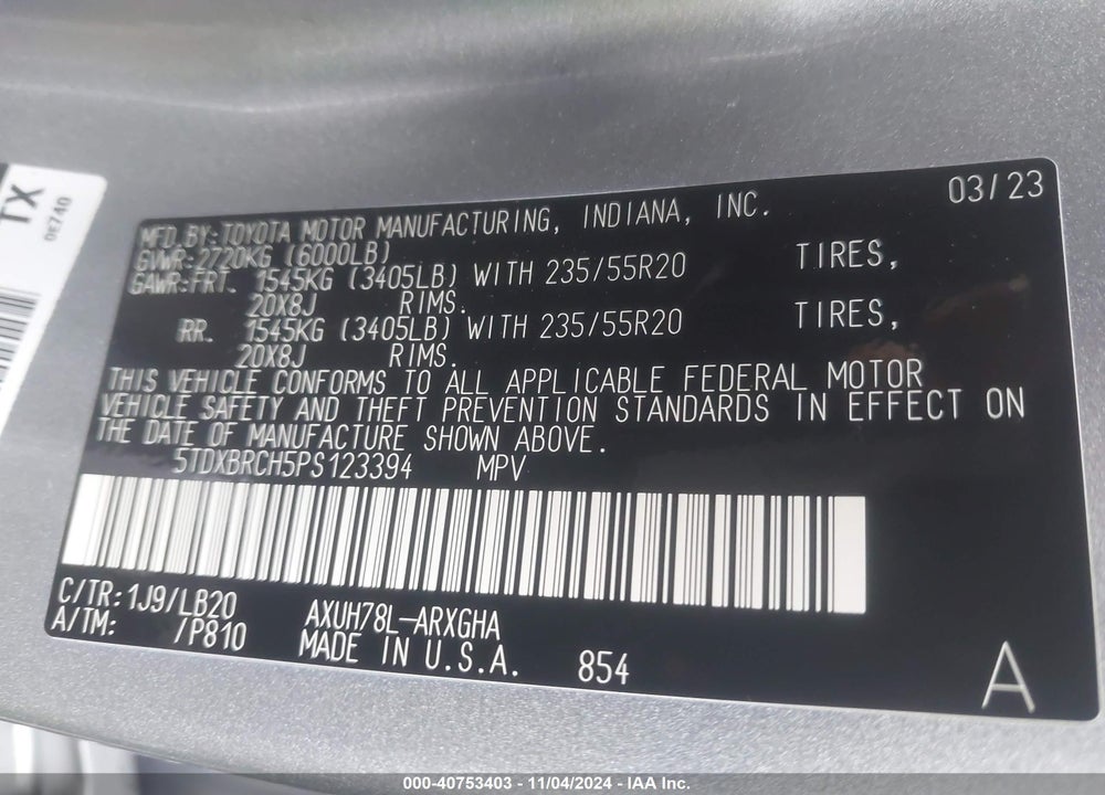 2023 TOYOTA HIGHLANDER HYBRID LIMITED VIN: 5TDXBRCH5PS123394