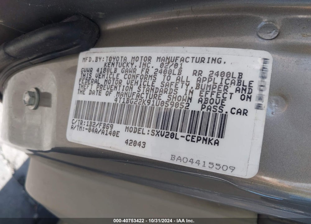 2001 TOYOTA CAMRY LE VIN: 4T1BG22K91U059052