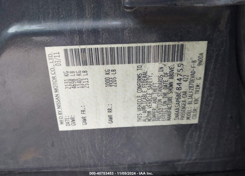 2011 NISSAN MAXIMA 3.5 SV VIN: 1N4AA5AP6BC844755