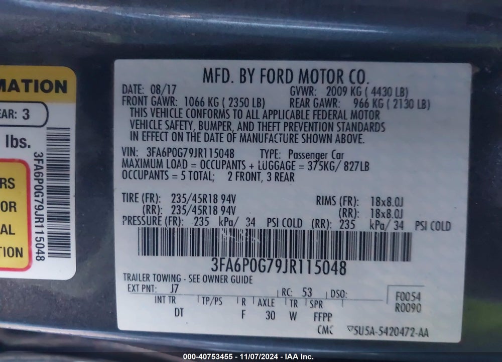 2018 FORD FUSION S VIN: 3FA6P0G79JR115048