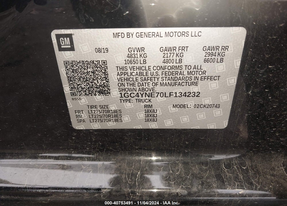 2020 CHEVROLET SILVERADO 2500HD 4WD STANDARD BED LT VIN: 1GC4YNE70LF134232