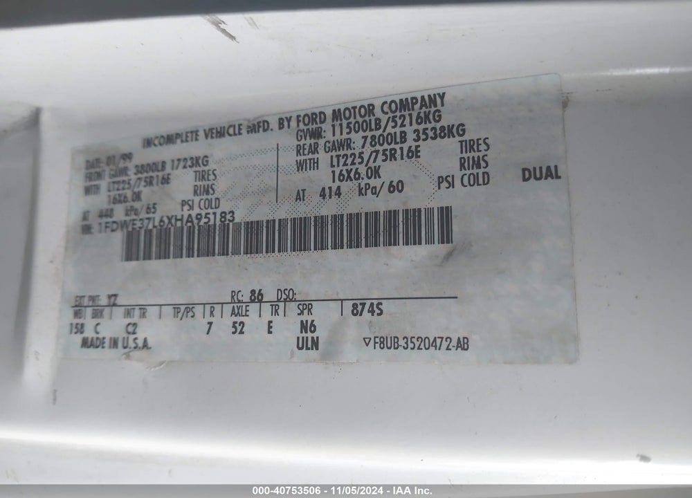 1999 FORD E-350 COMM. CUTAWAY STANDARD VIN: 1FDWE37L6XHA95183