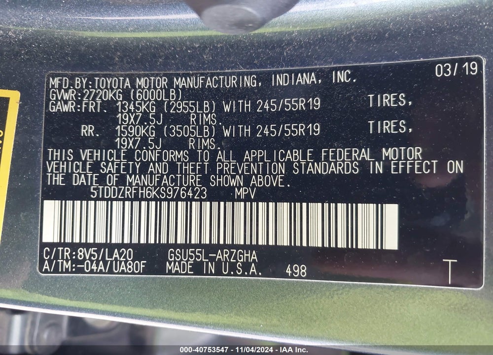 2019 TOYOTA HIGHLANDER LIMITED VIN: 5TDDZRFH6KS976423