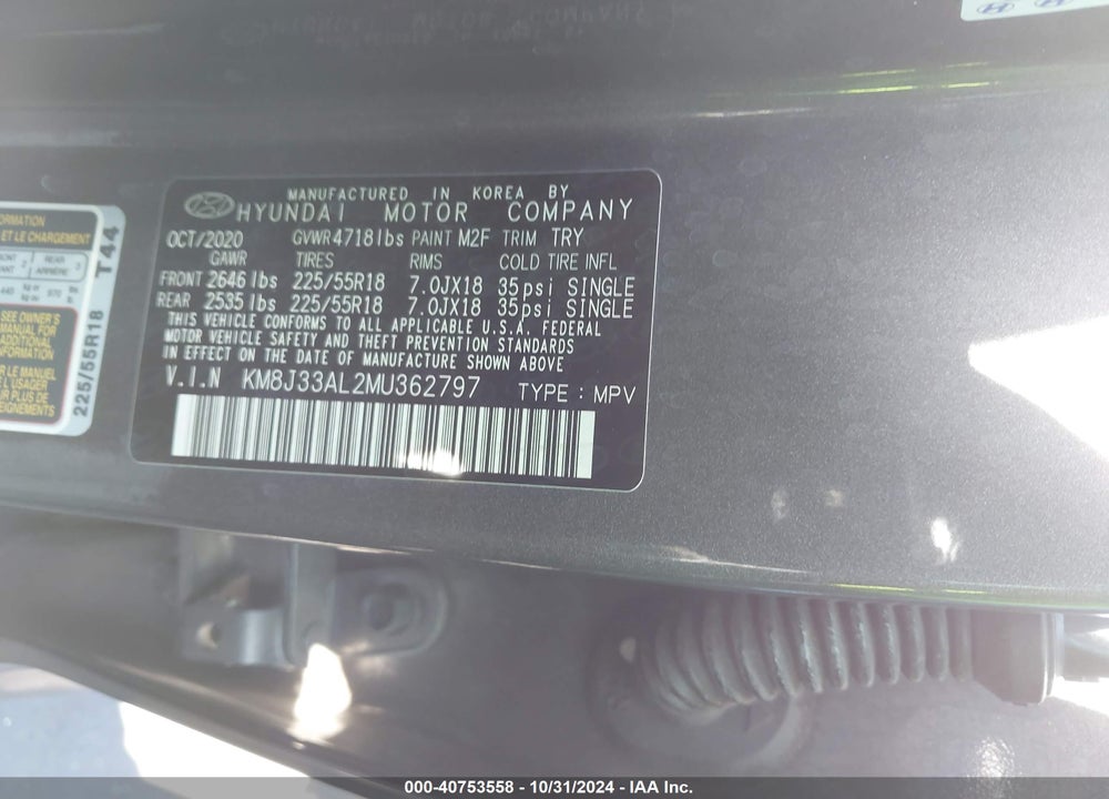 2021 HYUNDAI TUCSON SEL VIN: KM8J33AL2MU362797