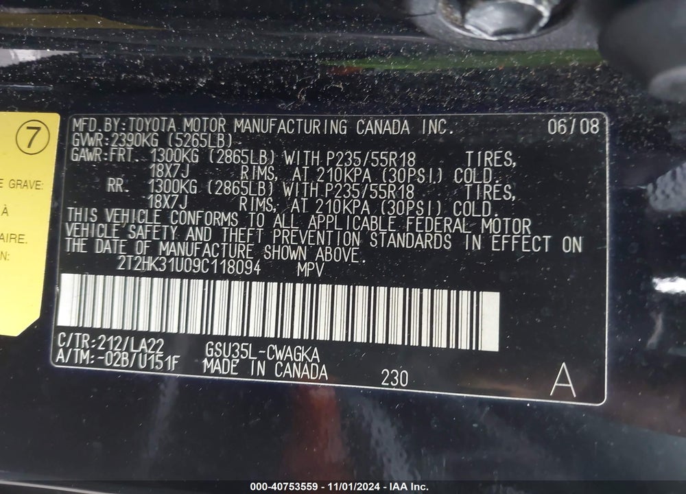 2009 LEXUS RX 350 VIN: 2T2HK31U09C118094