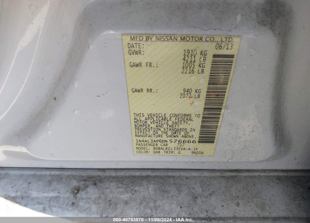 2013 NISSAN ALTIMA 2.5 S VIN: 1N4AL3AP6DN576666