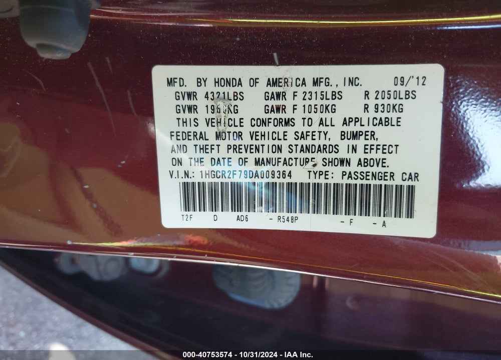 2013 HONDA ACCORD EX VIN: 1HGCR2F79DA009364
