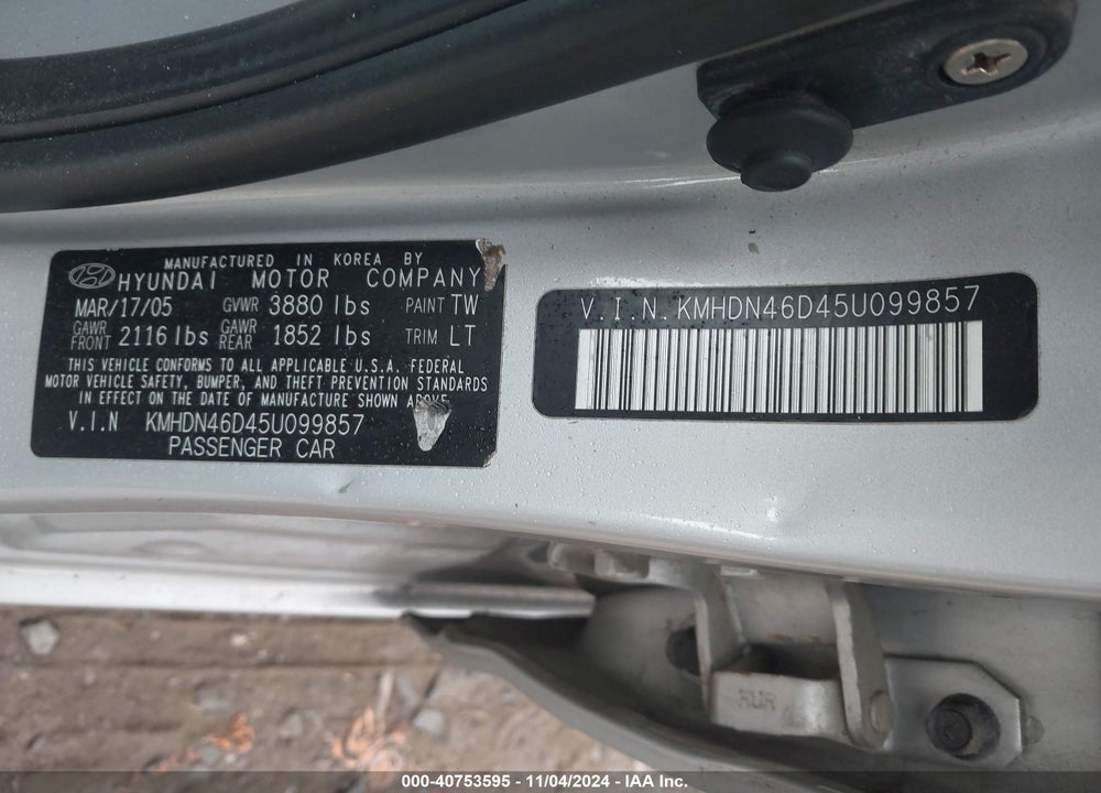 2005 HYUNDAI ELANTRA GLS/GT VIN: KMHDN46D45U099857