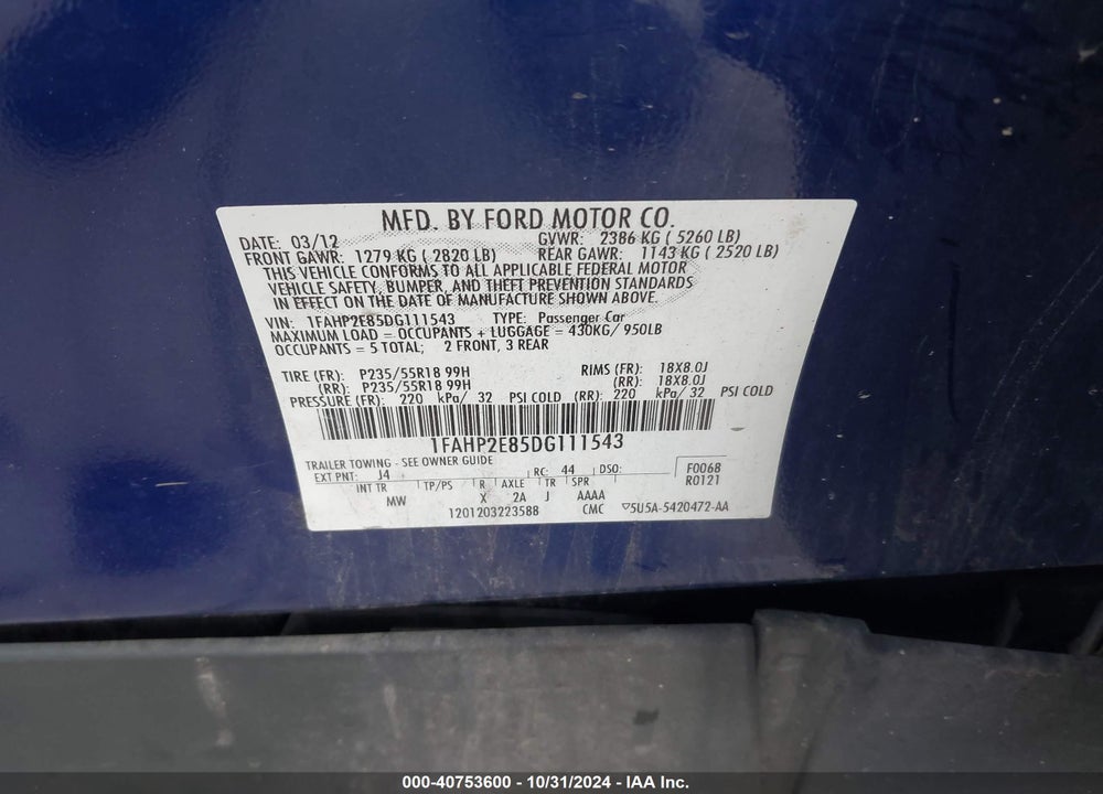 2013 FORD TAURUS SEL VIN: 1FAHP2E85DG111543