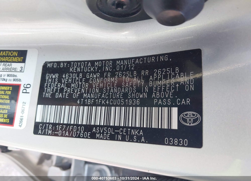 2012 TOYOTA CAMRY LE VIN: 4T1BF1FK4CU051936