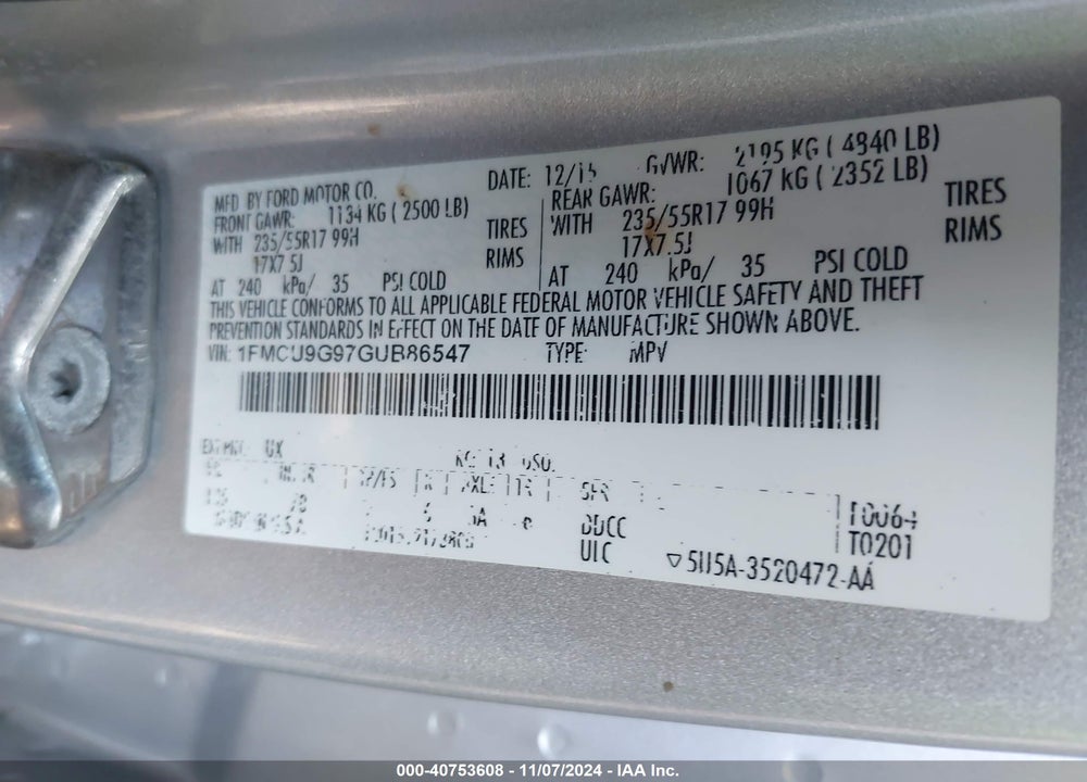2016 FORD ESCAPE SE VIN: 1FMCU9G97GUB86547