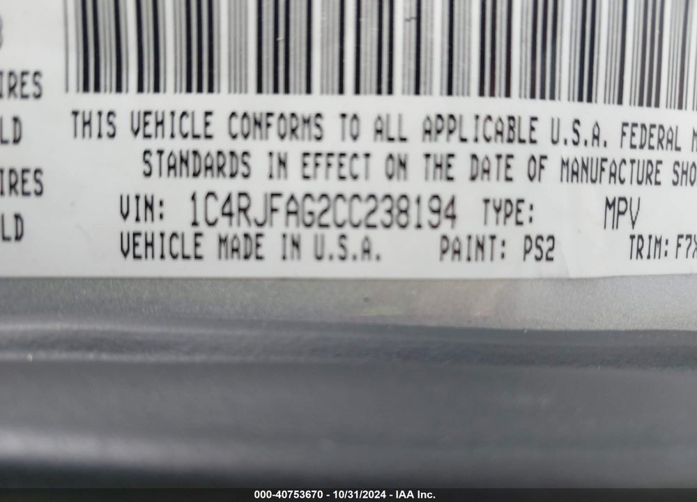 2012 JEEP GRAND CHEROKEE LAREDO VIN: 1C4RJFAG2CC238194